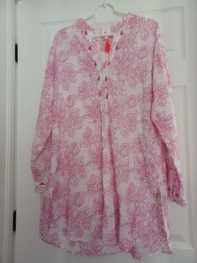 Nimo Womens Size XL White & Pink Embroided Floral V-Neck Dress